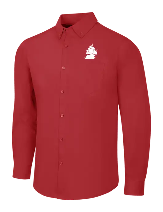 Red Long Sleeve Carefree Poplin Shirt w/Blackbeard Logo