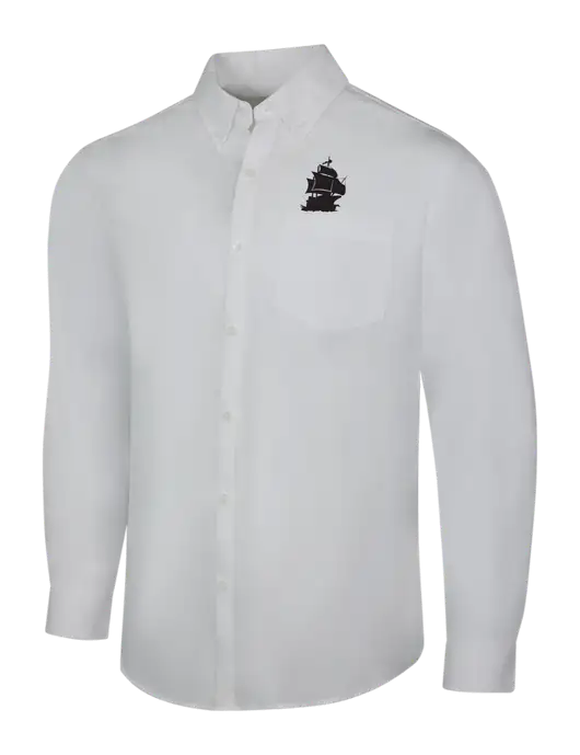 White Long Sleeve Carefree Poplin Shirt w/Blackbeard Logo