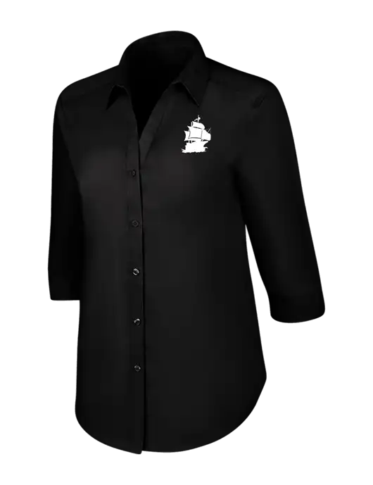 Womens Black 3/4 Sleeve Carefree Poplin Shirt w/Blackbeard Logo