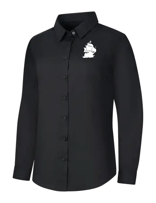 Womens Black Long Sleeve Carefree Poplin Shirt w/Blackbeard Logo