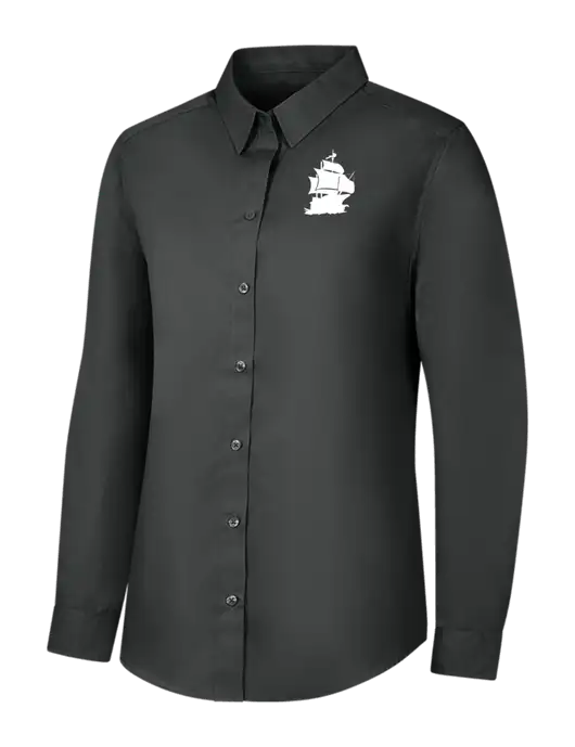 Womens Dark Grey Long Sleeve Carefree Poplin Shirt w/Blackbeard Logo