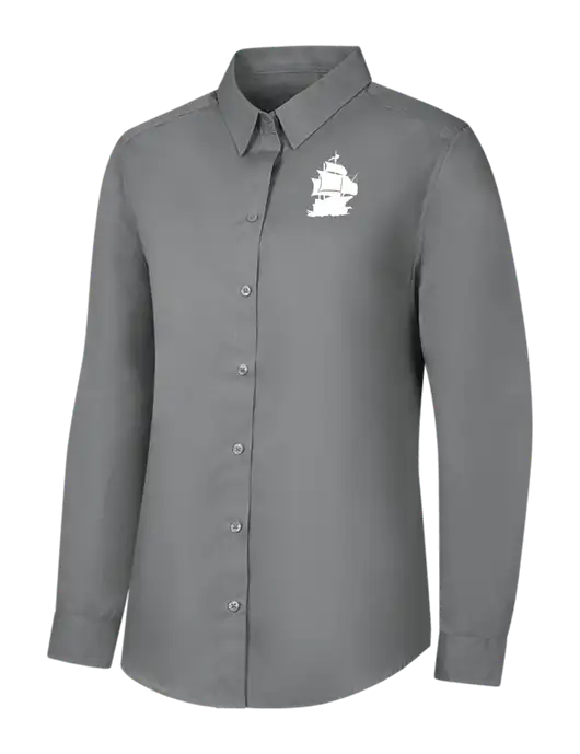Womens Medium Grey Long Sleeve Carefree Poplin Shirt w/Blackbeard Logo