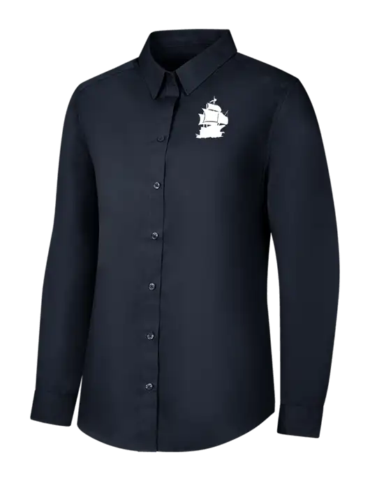 Womens River Blue Navy Long Sleeve Carefree Poplin Shirt w/Blackbeard Logo