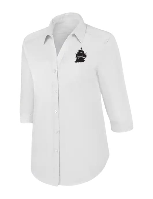 Womens White 3/4 Sleeve Carefree Poplin Shirt w/Blackbeard Logo