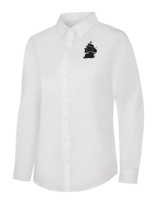 Womens White Long Sleeve Carefree Poplin Shirt w/Blackbeard Logo