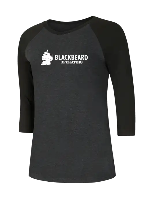 Womens Simply Soft 3/4 Sleeve Black/Black Frost Ring Spun Cotton T-Shirt w/Blackbeard Logo