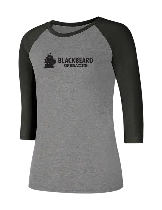 Womens Simply Soft 3/4 Sleeve Black Frost/Grey Frost Ring Spun Cotton T-Shirt w/Blackbeard Logo