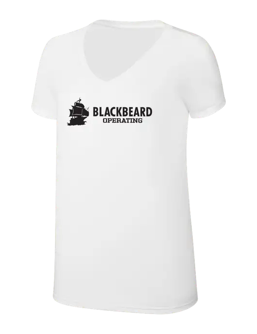 Womens Simply Soft V-Neck White 4.5oz  Poly/Combed Ring Spun Cotton T-Shirt w/Blackbeard Logo