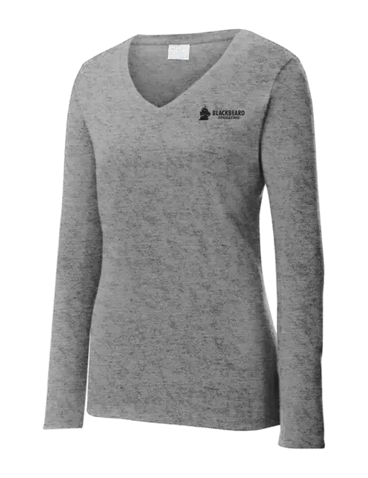 Womens  V-Neck Ring Spun Grey Heather 4.5 oz Long Sleeve T-Shirt w/Blackbeard Logo