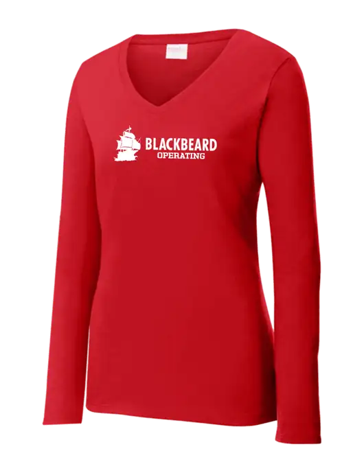 Womens  V-Neck Ring Spun Bright Red 4.5 oz Long Sleeve T-Shirt w/Blackbeard Logo