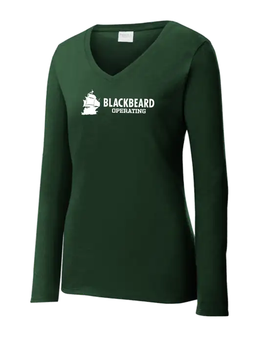 Womens  V-Neck Ring Spun Forest Green 4.5 oz Long Sleeve T-Shirt w/Blackbeard Logo