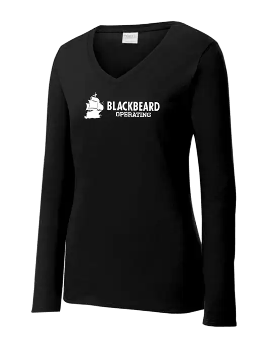 Womens V-Neck Ring Spun Jet Black 4.5 oz Long Sleeve T-Shirt w/Blackbeard Logo
