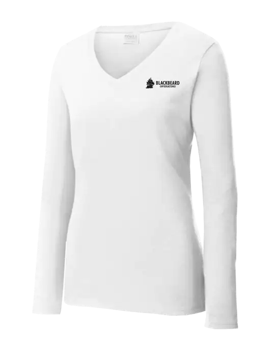 Womens  V-Neck Ring Spun White 4.5 oz Long Sleeve T-Shirt w/Blackbeard Logo